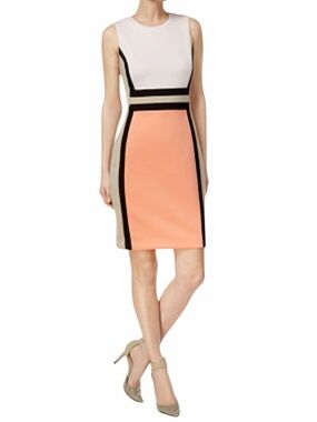 Calvin Klein Sleeveless Colorblock Midi Dress in White, Coral & Taupe